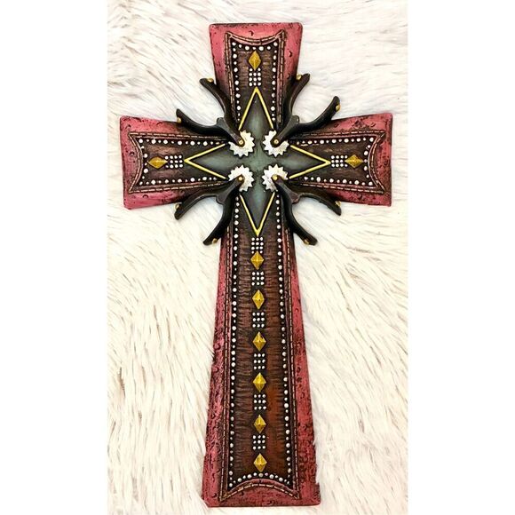 NWOT Montana West Rustic Western Cowboy Spurs Tooled Leather Wall Cross - Picture 7 of 7